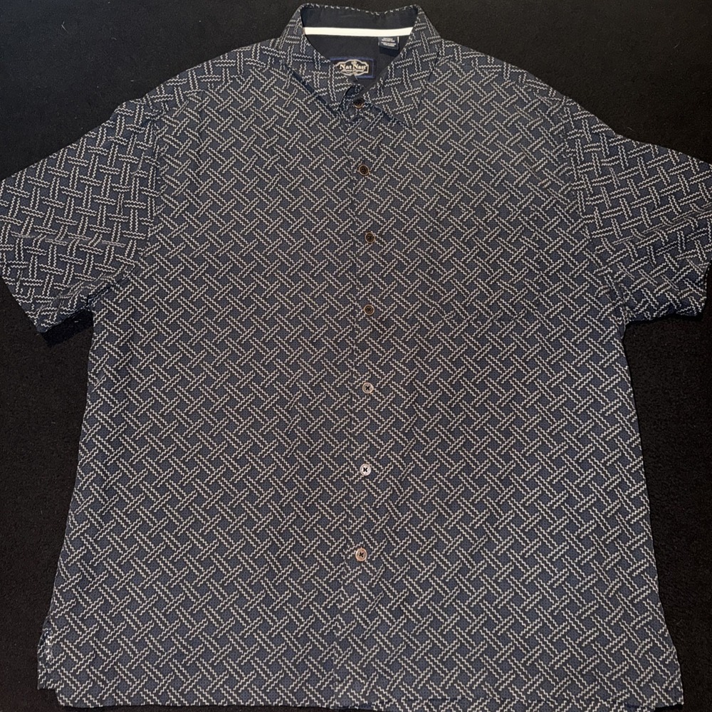 Nat Nast Button Up Blue Geometric Short Sleeve Silk Mens XL
